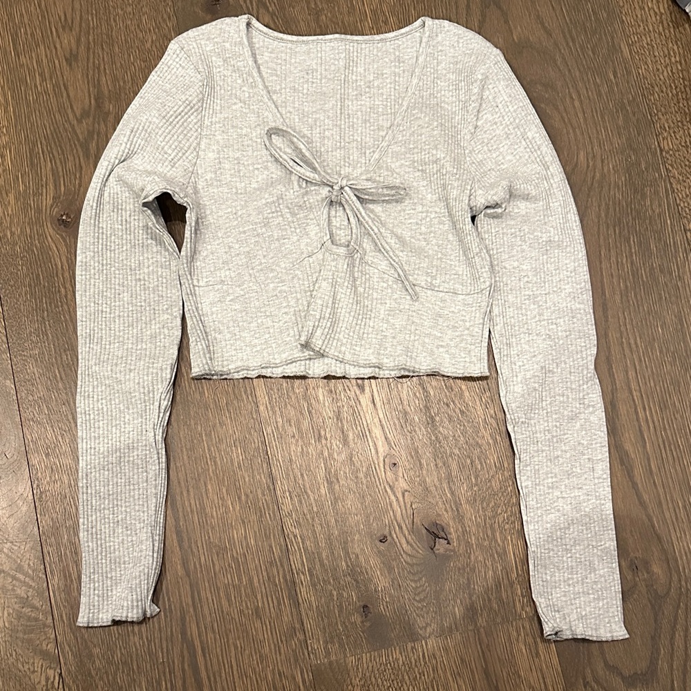 Gray Ribbed Long Sleeve Tie-Front Top
